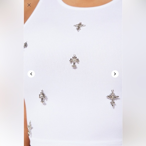 Chrome Cross Charm Tank Top in White | Edgy embellished crop tank top - Picture 6 of 6